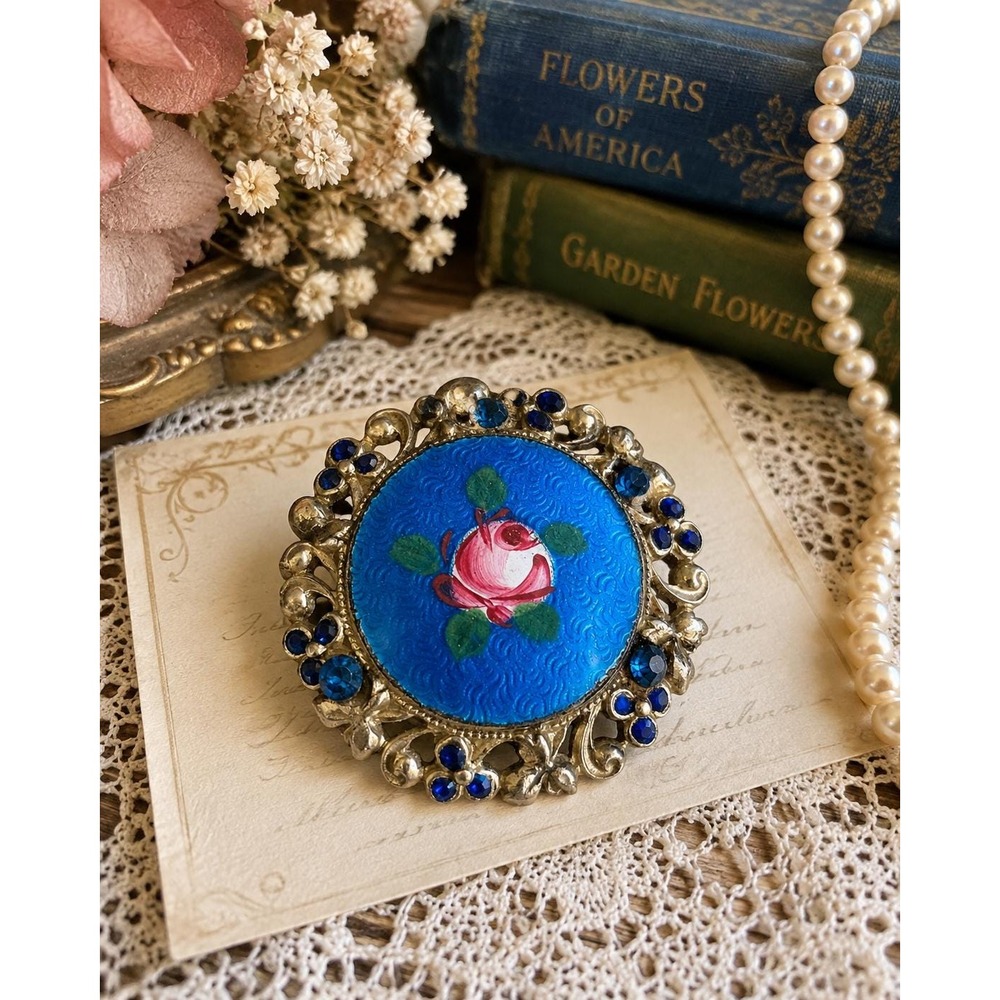 Vintage Blue Enamel Rose Brooch | Floral Pin | Blue Rhinestone Gold Tone Costume